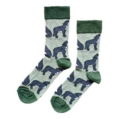 Barekind NZ bamboo socks featuring a wolf design, designed for adults, made from eco-friendly bamboo material.