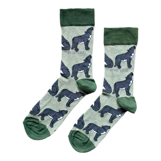 Barekind NZ bamboo socks featuring a wolf design, designed for adults, made from eco-friendly bamboo material.