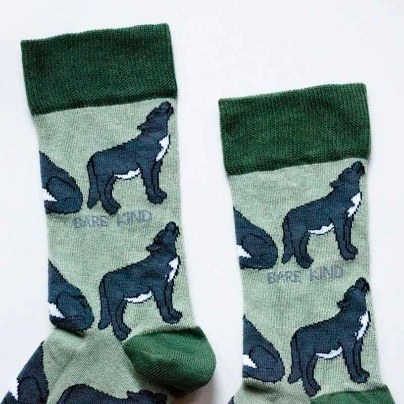 Barekind NZ Save the Wolves bamboo socks for adults, featuring wolf design and eco-friendly bamboo material.