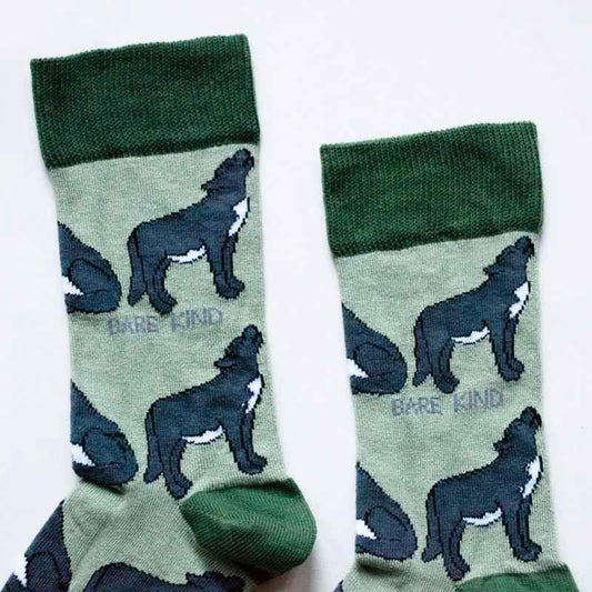 Barekind NZ Save the Wolves bamboo socks for adults, featuring wolf design and eco-friendly bamboo material.