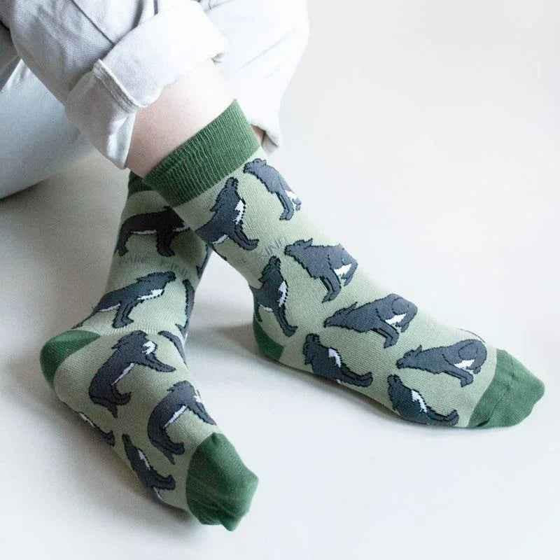 Barekind NZ bamboo socks featuring a wolf design, adult size 4-7, eco-friendly socks for nature lovers.