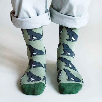 Barekind NZ Save the Wolves bamboo socks for adults, featuring a wolf design and soft bamboo fabric for eco-friendly comfort.