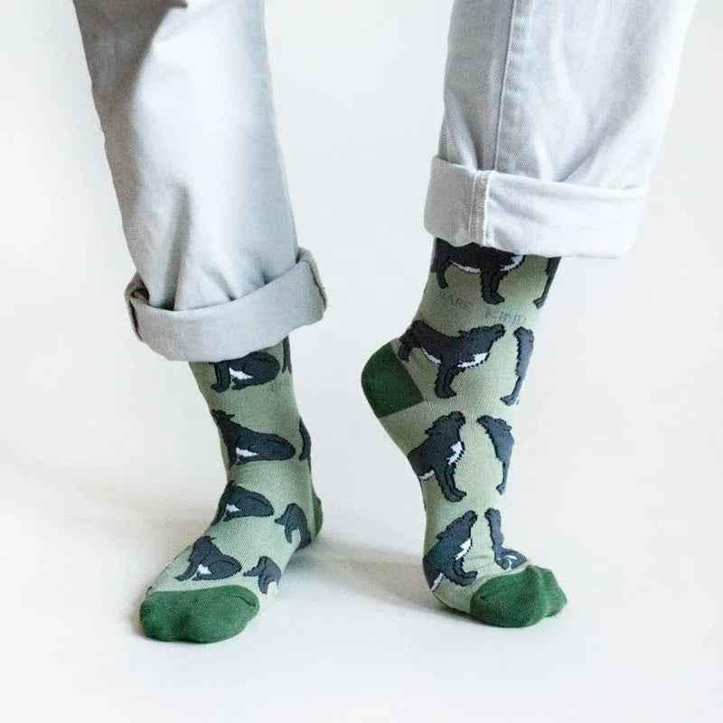 Barekind NZ bamboo socks featuring a wolf design, adult size 4-7, made from sustainable bamboo material.