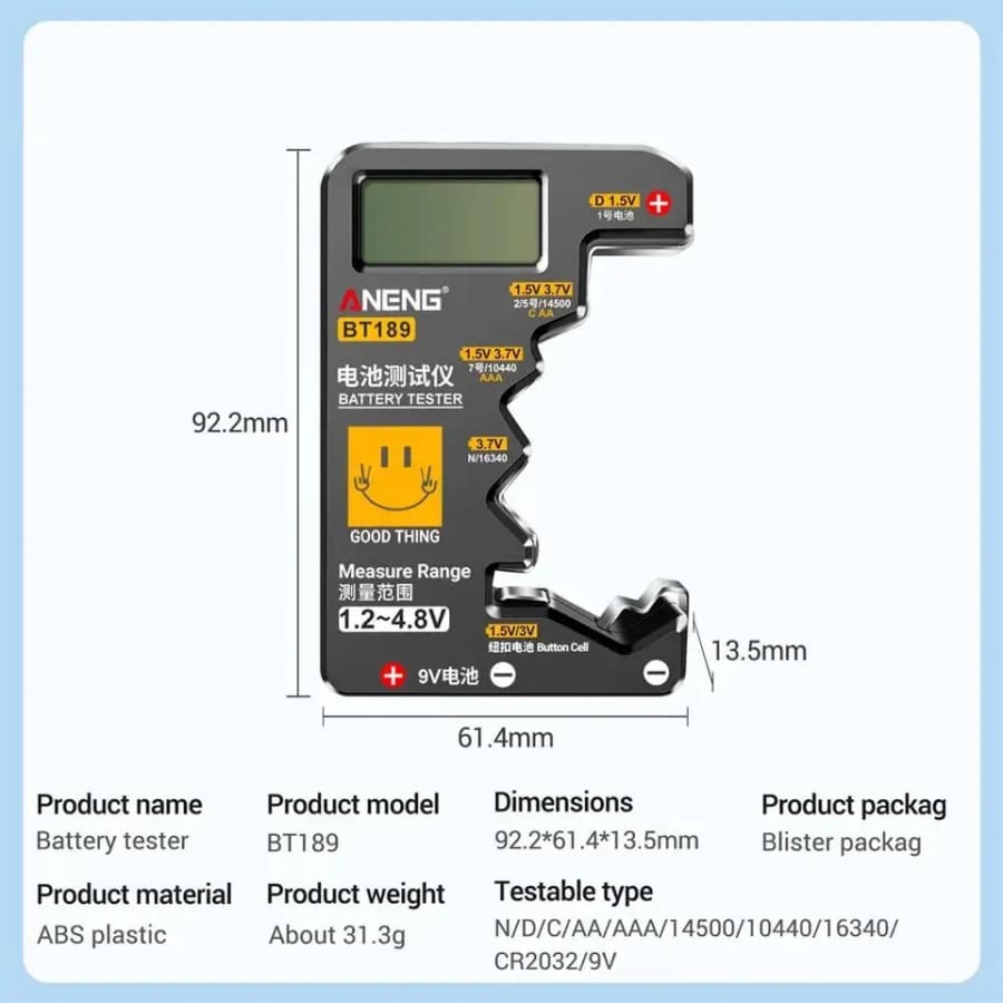 Battery Tester BT189 (Button Cell, AA, AAA, C, D, 9V, 14500, 16340) 9eight5