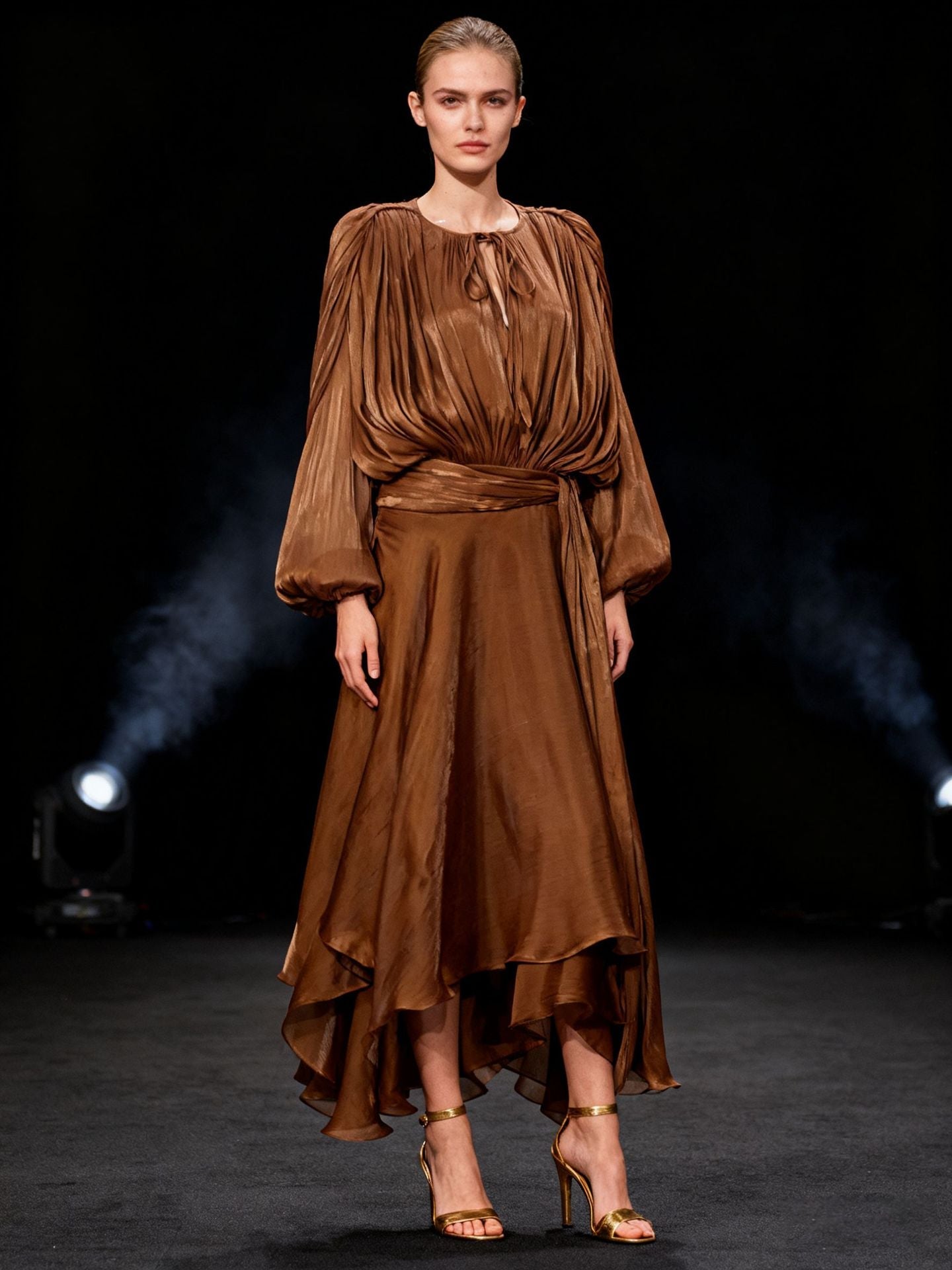 Brown Satin Lantern Sleeve Dress with Tie Waist