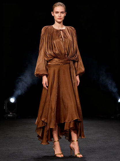 Brown Satin Lantern Sleeve Dress with Tie Waist
