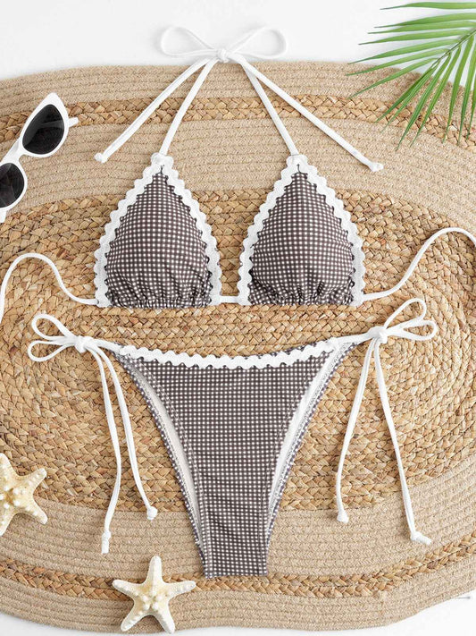 Adjustable Strap Plaid Bikini Set