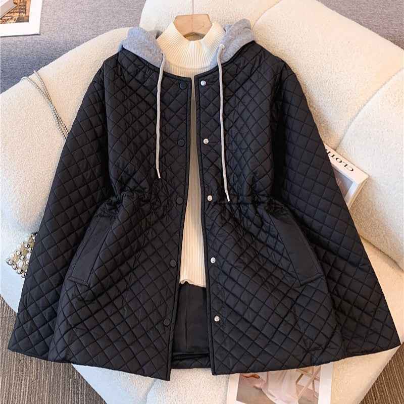 Black Hooded Quilted Cotton Jacket for Women