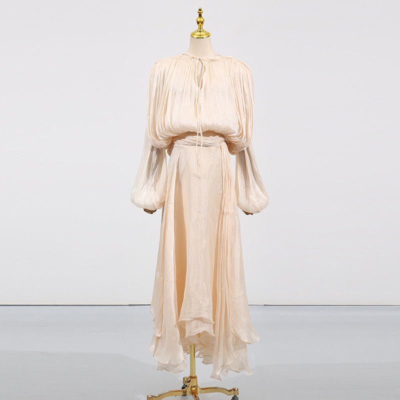 Brown Satin Lantern Sleeve Dress with Tie Waist