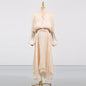 Brown Satin Lantern Sleeve Dress with Tie Waist