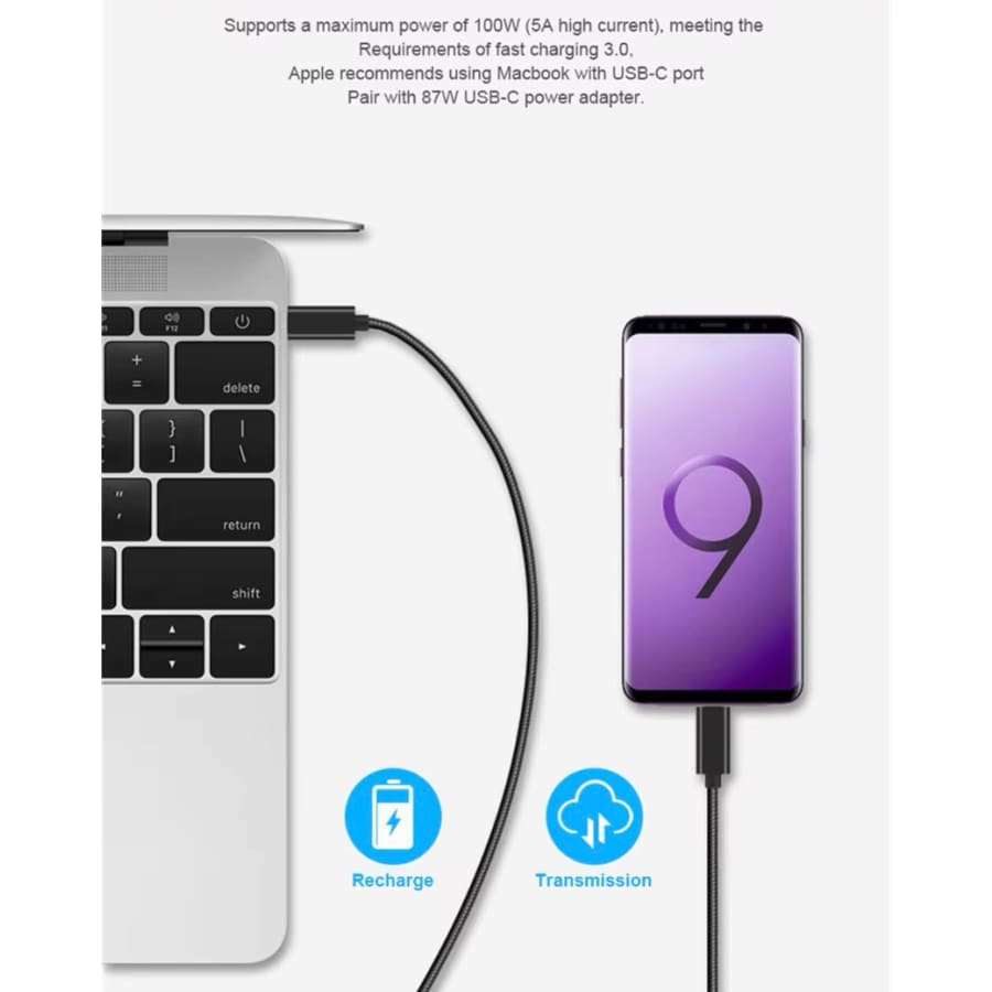 Type C to Type C (2m) Charger Cable For Samsung Devices (Black) 9eight5