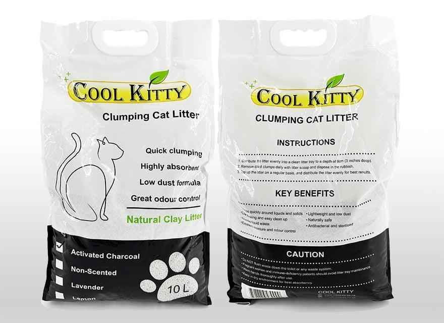 Cool Kitty Cat Litter activated charcoal ball-shaped clumping cat litter in 10L container, designed for easy scoop and odor control.