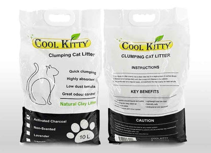 Cool Kitty Cat Litter activated charcoal ball-shaped clumping cat litter in 10L container, designed for easy scoop and odor control.