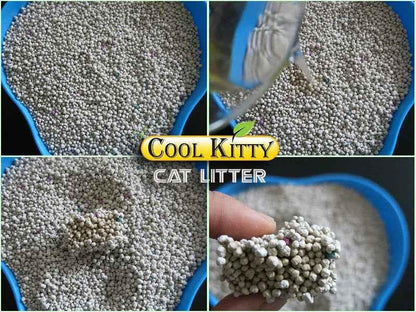 Cool Kitty Cat Litter activated charcoal ball-shaped clumping cat litter in 10L bag, designed for odor control and easy scooping