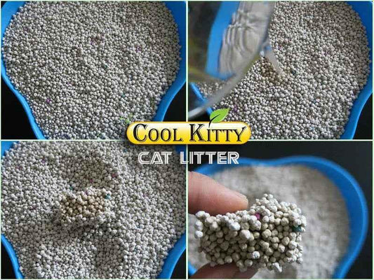 Cool Kitty Cat Litter activated charcoal ball-shaped clumping cat litter in 10L bag, designed for odor control and easy scooping