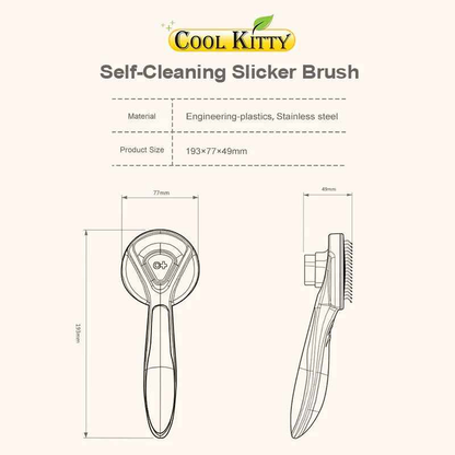 Self-cleaning slicker pet brush from Cool Kitty Cat Litter with fine metal bristles for gentle grooming of cats and small pets.