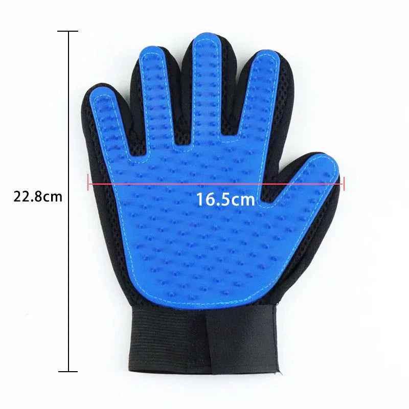 Cool Kitty Cat Litter pet grooming glove for shedding, shown on left hand, designed to remove loose fur from cats and dogs.
