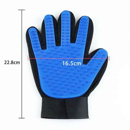 Cool Kitty Cat Litter pet grooming glove for shedding, shown on left hand, designed to remove loose fur from cats and dogs.