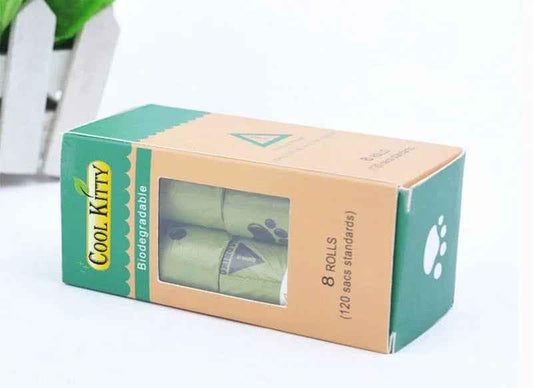 Biodegradable pet waste bags by Cool Kitty Cat Litter, 120-pack, eco-friendly pet poop bags for clean disposal.