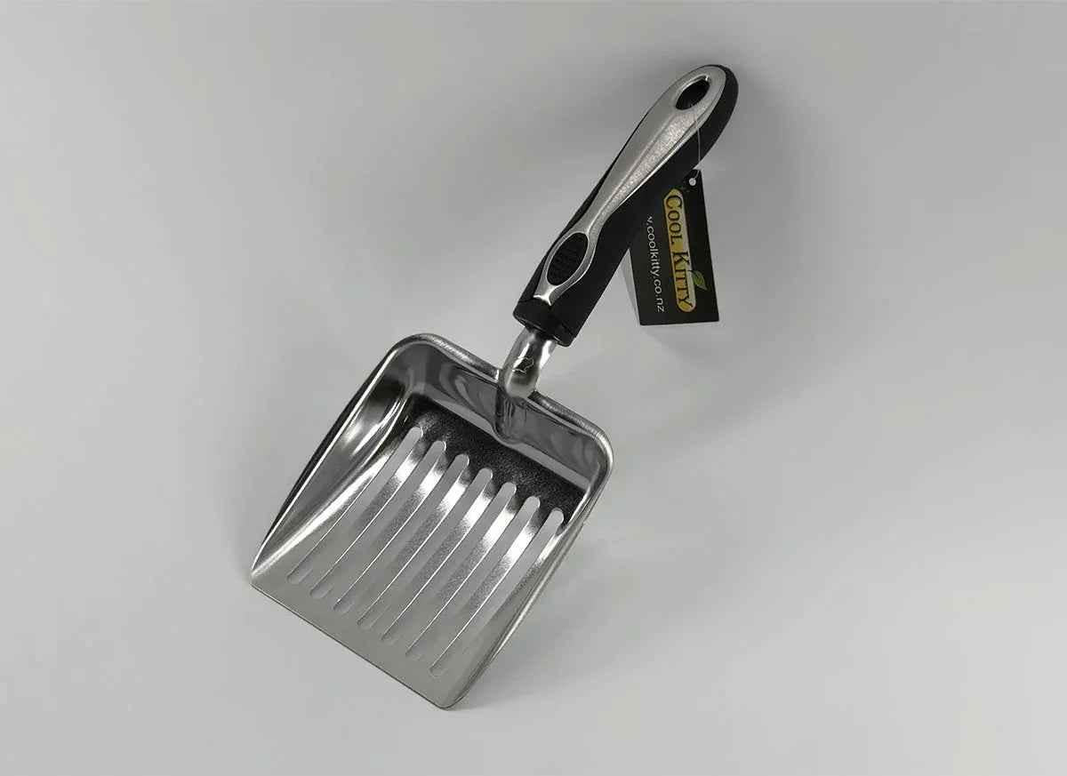 Stainless steel pet waste scoop by Cool Kitty Cat Litter, a durable litter scooper for easy cleaning of cat litter boxes.