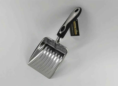 Stainless steel pet waste scoop by Cool Kitty Cat Litter, a durable litter scooper for easy cleaning of cat litter boxes.