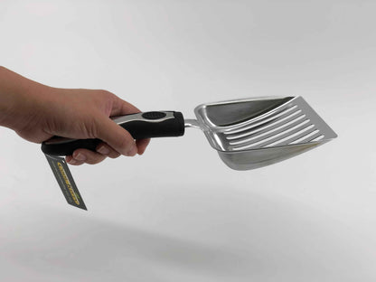 Stainless steel pet waste scooper from Cool Kitty Cat Litter, durable litter scoop for easy cleaning of cat litter boxes.