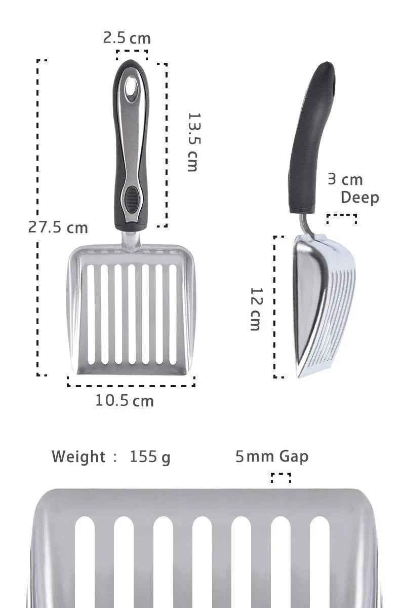 Stainless steel pet waste scooper from Cool Kitty Cat Litter for easy cleaning of cat litter boxes.