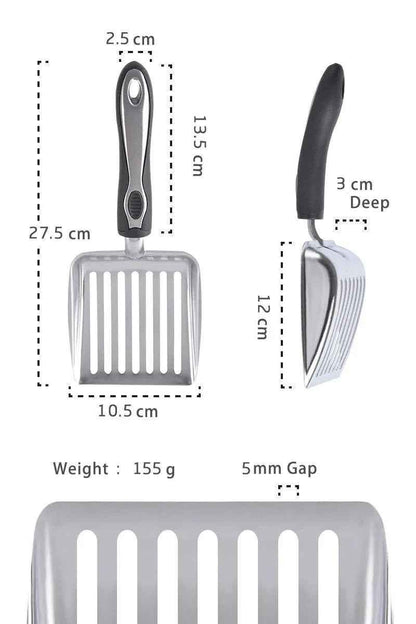 Stainless steel pet waste scooper from Cool Kitty Cat Litter for easy cleaning of cat litter boxes.