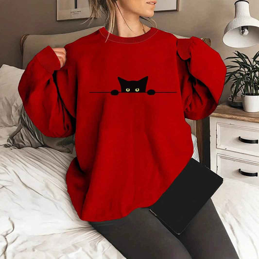 Cat Print Round Neck Sweatshirt