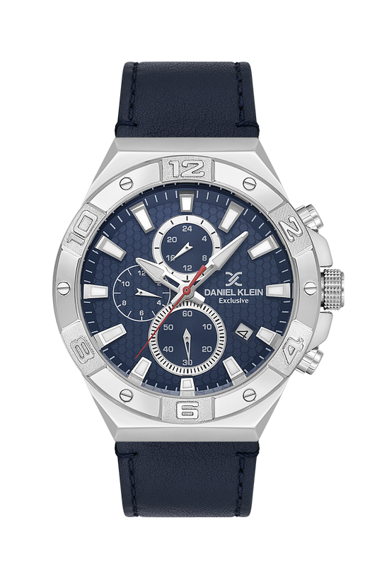 Daniel Klein Exclusive Chronograph Blue Dial and Genuine Leather Silver Watch - DK.1.13744-2 Kiwi Watches