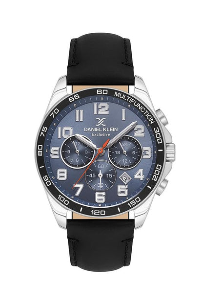 Daniel Klein Exclusive Chronograph Blue Dial Black Genuine Leather Silver Watch - DK.1.13843-3 Kiwi Watches