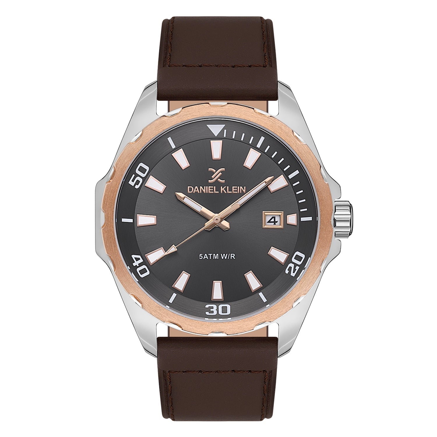 Daniel Klein Premium Date Window Grey Dial Brown Genuine Leather Strap Two Tone Watch - DK.1.13653-3 Kiwi Watches