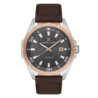 Daniel Klein Premium Date Window Grey Dial Brown Genuine Leather Strap Two Tone Watch - DK.1.13653-3 Kiwi Watches