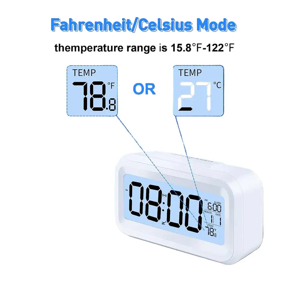 Digital Alarm Clock – Battery Operated with Indoor Temperature & Light Sensor Backlight (3 colors available) Habicare