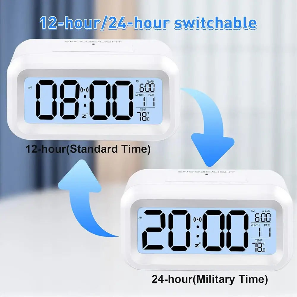 Digital Alarm Clock – Battery Operated with Indoor Temperature & Light Sensor Backlight (3 colors available) Habicare