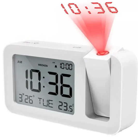 Digital Projection Alarm Clock – Rechargeable LED with USB Charger (Black & White) Habicare