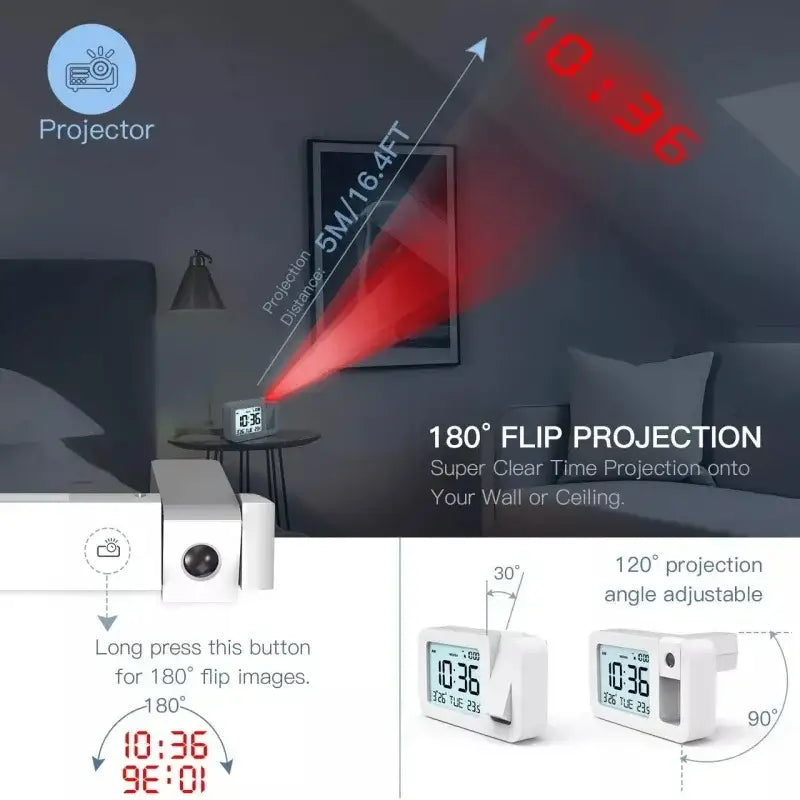 Digital Projection Alarm Clock – Rechargeable LED with USB Charger (Black & White) Habicare