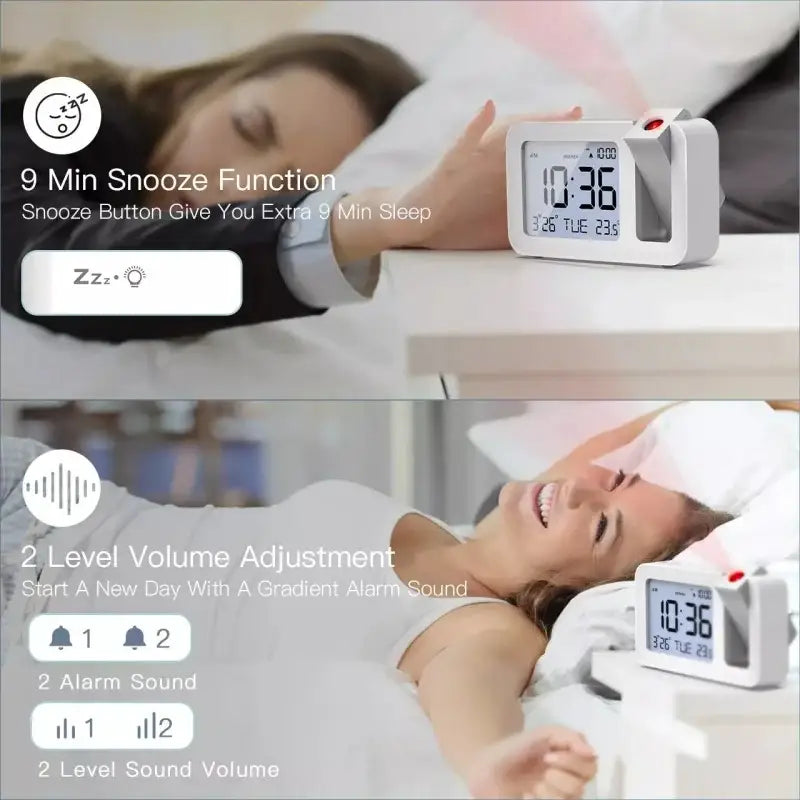 Digital Projection Alarm Clock – Rechargeable LED with USB Charger (Black & White) Habicare