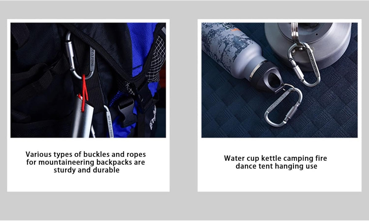 Heavy-duty D-shaped aluminium carabiner hooks from ECOTREK, ideal for securing gear and accessories with durable metal construction.
