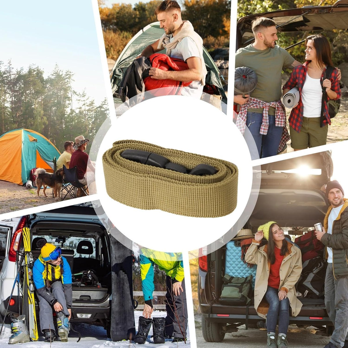 Green ECOTREK adjustable luggage straps used for secure travel packing and luggage organization.