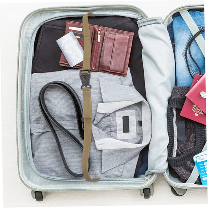 Green ECOTREK adjustable luggage straps, travel packing accessories with secure buckles for easy luggage organization.