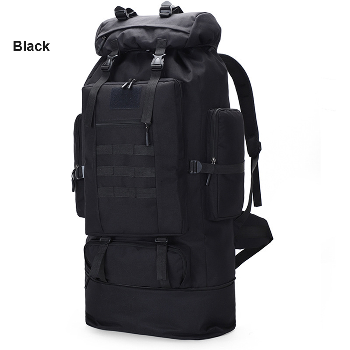 Black ECOTREK 100L hiking and camping backpack with multiple compartments, adjustable straps, and large capacity for outdoor travel.