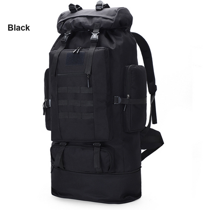 Black ECOTREK 100L hiking and camping backpack with multiple compartments, adjustable straps, and large capacity for outdoor travel.