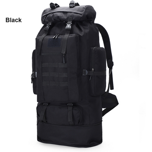 Black ECOTREK 100L hiking and camping backpack with multiple compartments, adjustable straps, and large capacity for outdoor travel.