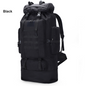 Black ECOTREK 100L hiking and camping backpack with multiple compartments, adjustable straps, and large capacity for outdoor travel.