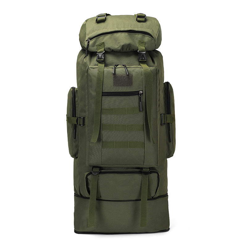 Black ECOTREK 100L hiking and camping backpack with multiple straps and large capacity for outdoor travel and adventure.