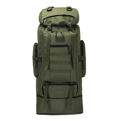 Black ECOTREK 100L hiking and camping backpack with multiple straps and large capacity for outdoor travel and adventure.