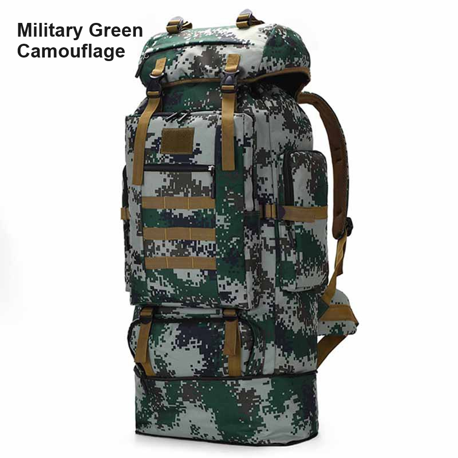 Black ECOTREK 100L hiking and camping backpack with multiple compartments and adjustable straps for outdoor travel.