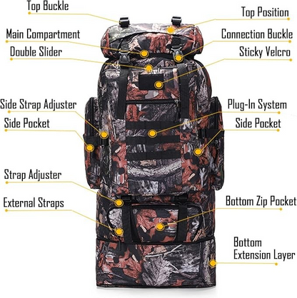 Black ECOTREK 100L hiking and camping backpack with adjustable straps, large capacity outdoor travel bag for outdoor adventures.