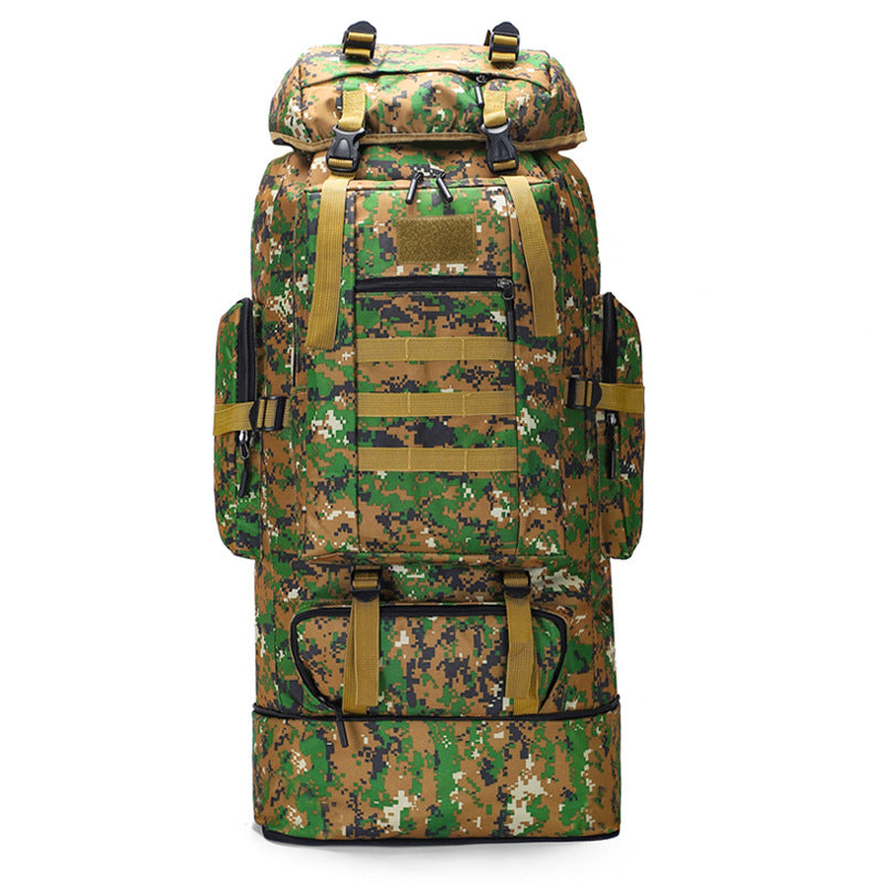 Black ECOTREK 100L hiking and camping backpack with multiple compartments, adjustable straps, and sturdy outdoor travel design.